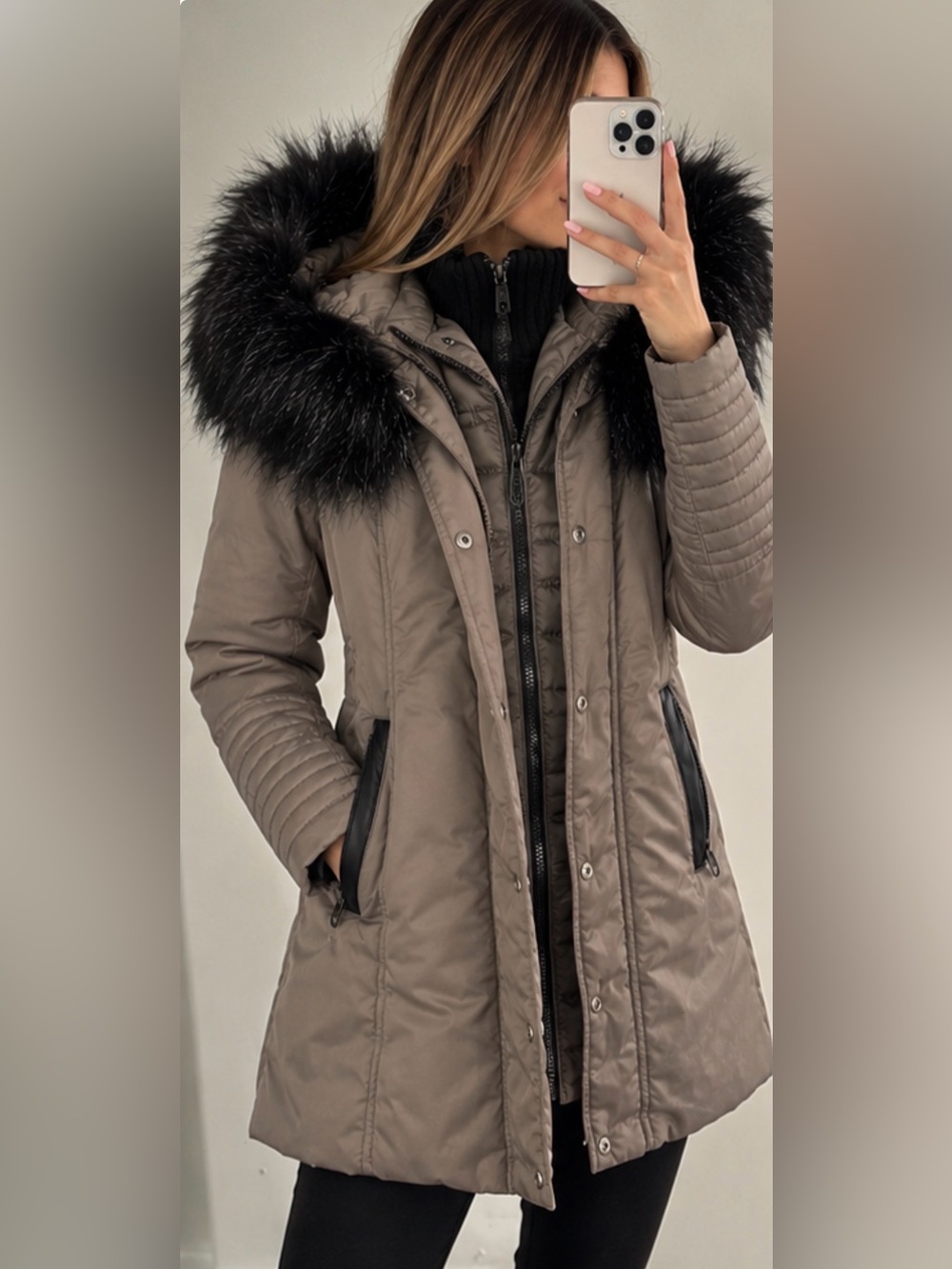 Noize Taupe Long Puffer Coat size S with Black Faux-Fur Hood